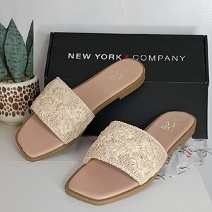 New York & Company Women's 9  Tan Slide Sandals Single Band Stich Flat Sandal